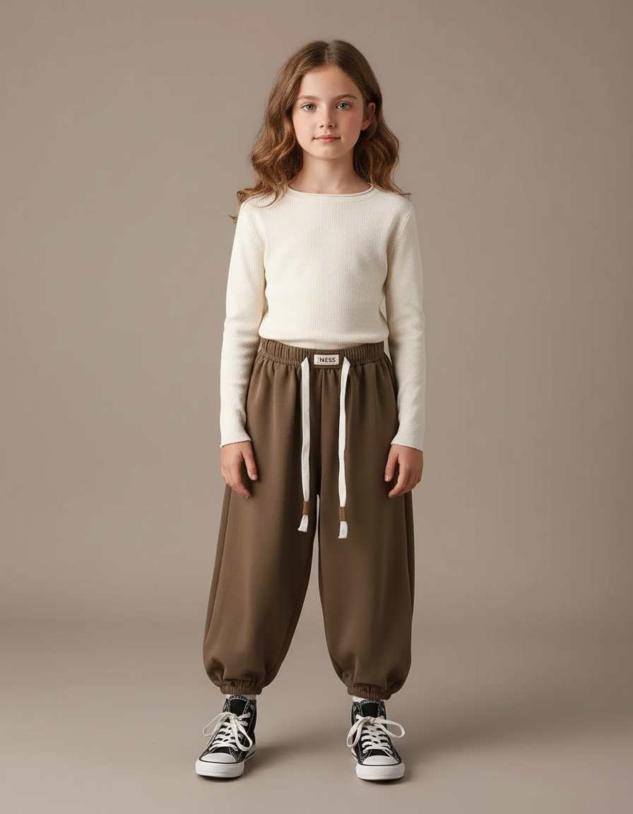 Pantalon Marron Ample Coton Élastique Décontracté Enfant - Molleton