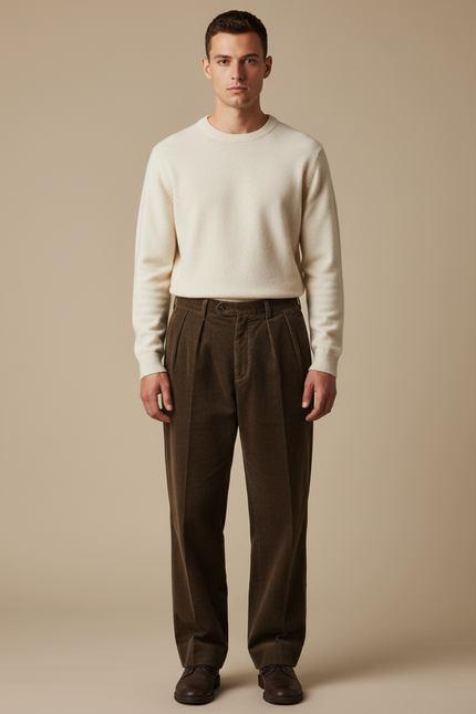 Pantalon Marron Côtelé Plissé Ample Décontracté Homme - Cordé