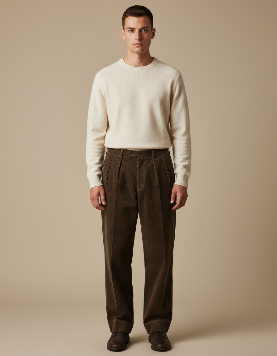 Pantalon Marron Côtelé Plissé Ample Décontracté Homme - Cordé