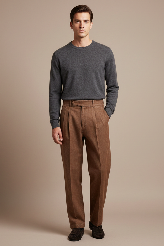 Pantalon Marron Ample Plissé Laine Décontracté Homme - Tweed
