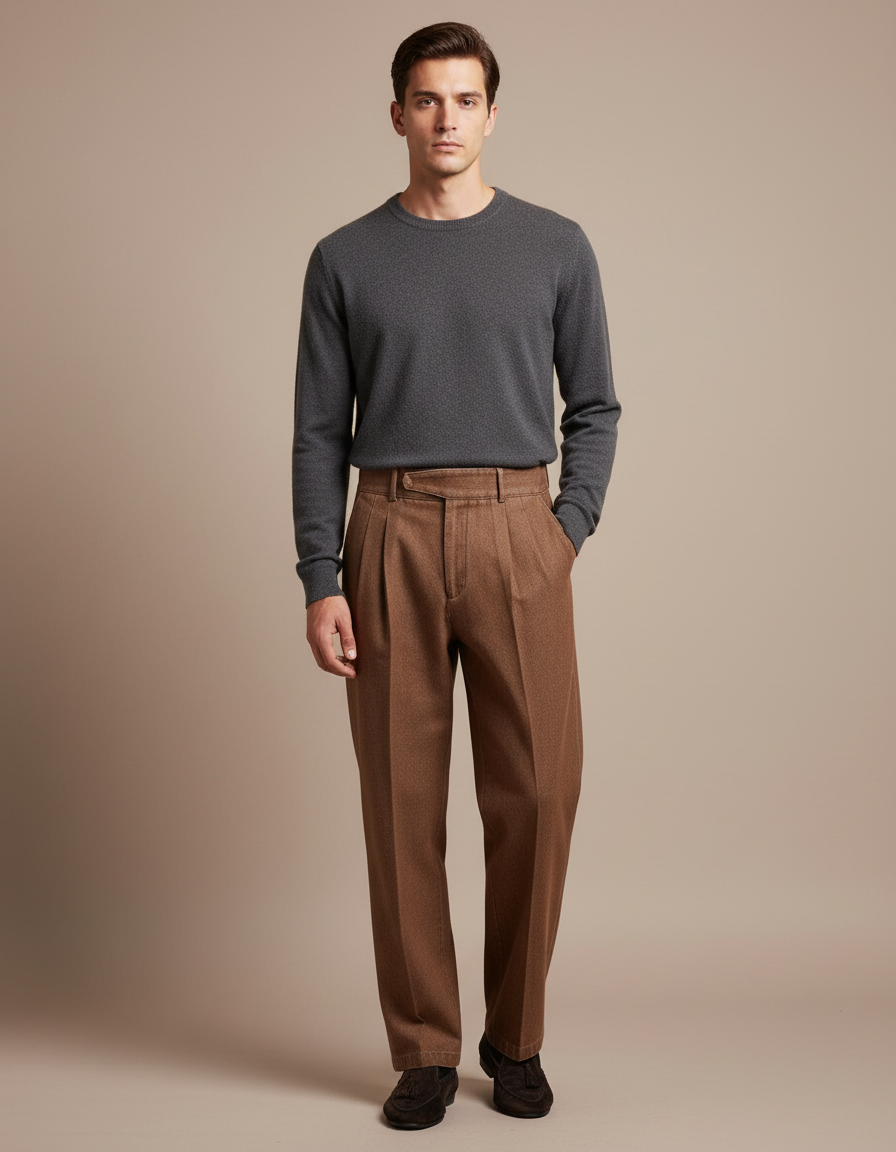 Pantalon Marron Ample Plissé Laine Décontracté Homme - Tweed