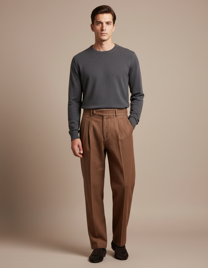 Pantalon Marron Ample Plissé Laine Décontracté Homme - Tweed
