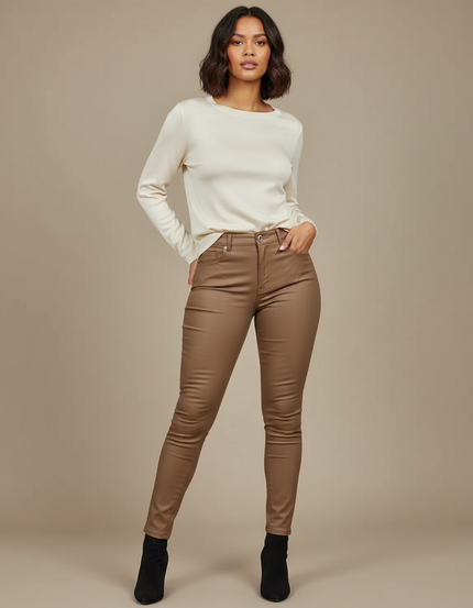 Pantalon Marron Similicuir Slim Fit Élastique Femme - Simili cuir