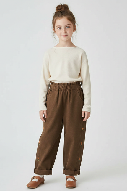 Pantalon Marron Brodé, Coton, Ample, Taille Élastique, Fille - Molleton
