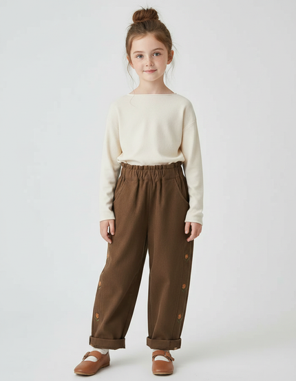 Pantalon Marron Brodé, Coton, Ample, Taille Élastique, Fille - Molleton