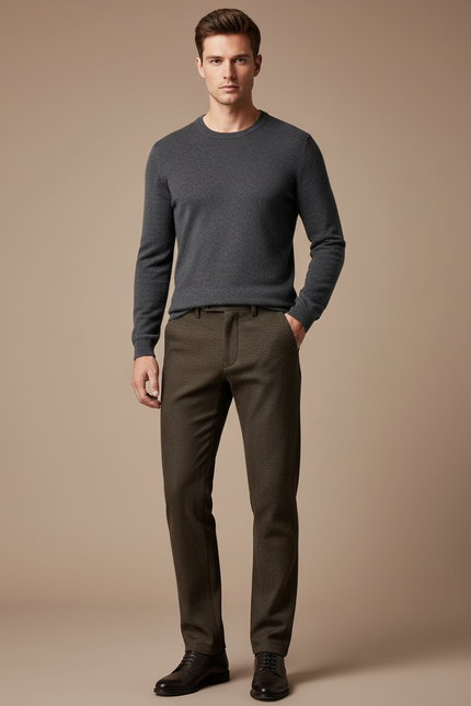 Pantalon Marron Homme Habillé Tissé Slim Élégant - Tweed