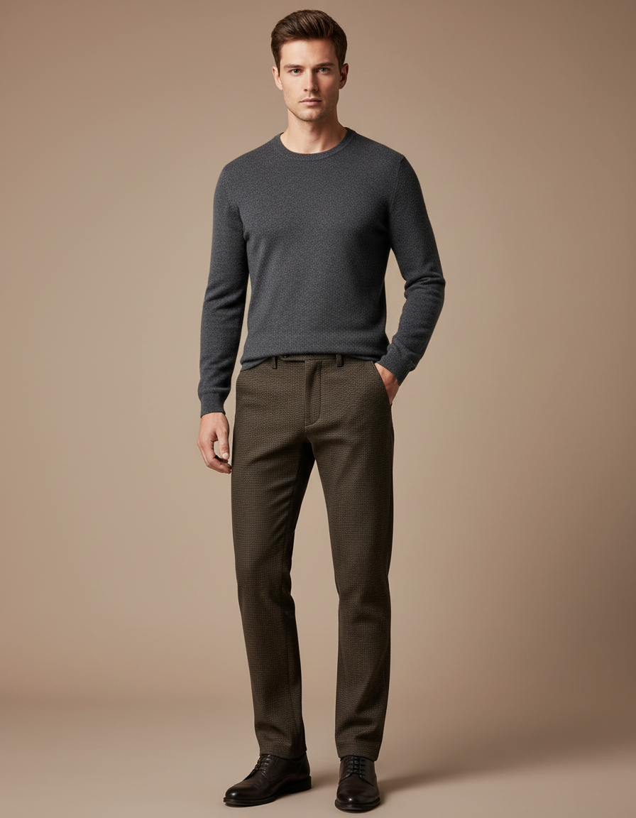 Pantalon Marron Homme Habillé Tissé Slim Élégant - Tweed