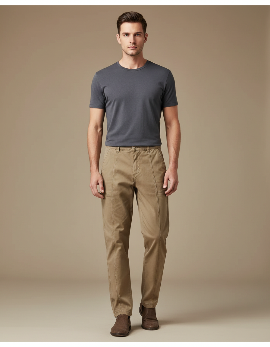 Pantalon Marron Homme Coton Décontracté Cargo Droit - Camel Gabardine