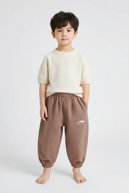Pantalon Marron Ample Coton Lin Enfant Décontracté