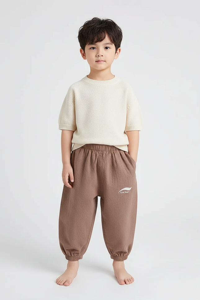 Pantalon Marron Ample Coton Lin Enfant Décontracté