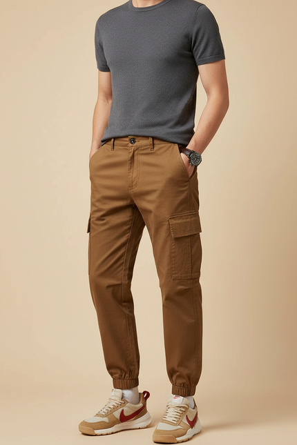 Pantalon Marron Cargo Jogger Coton Multipoches Homme