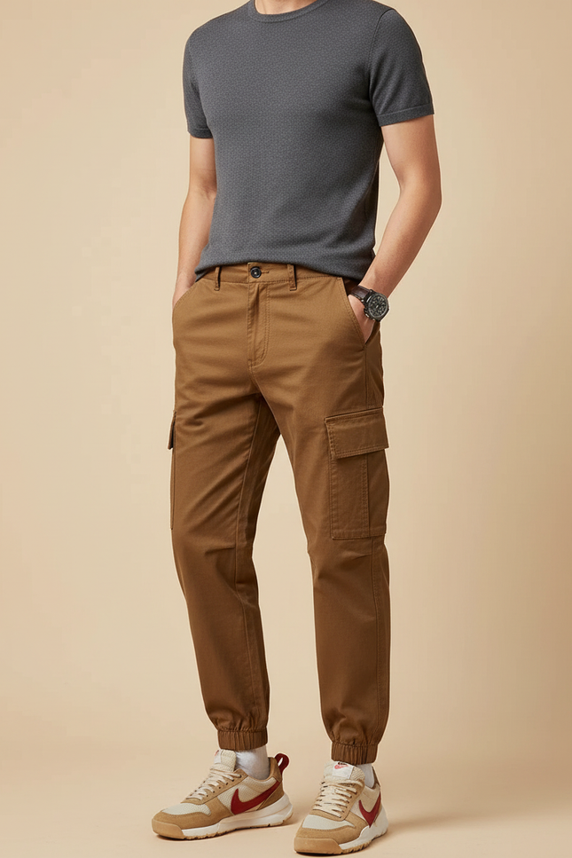 Pantalon Marron Cargo Jogger Coton Multipoches Homme