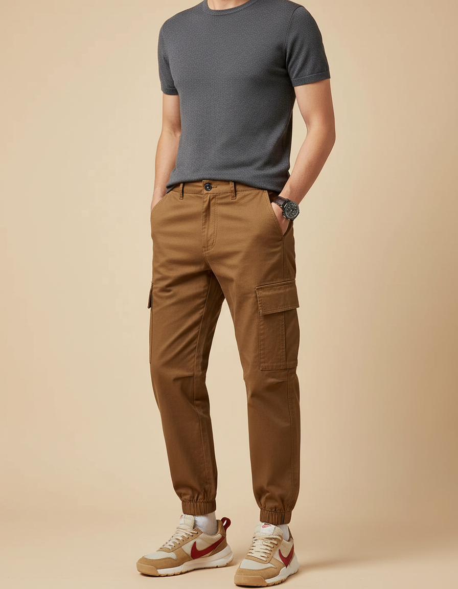 Pantalon Marron Cargo Jogger Coton Multipoches Homme