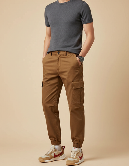 Pantalon Marron Cargo Jogger Coton Multipoches Homme