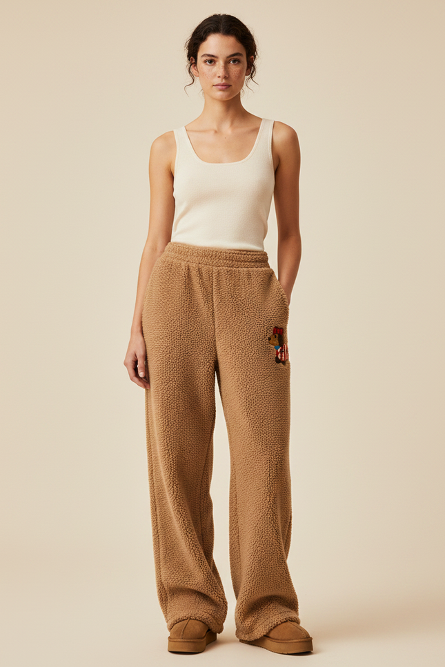 Pantalon Marron Peluche Ample Teddy Brodé Confortable - Molleton