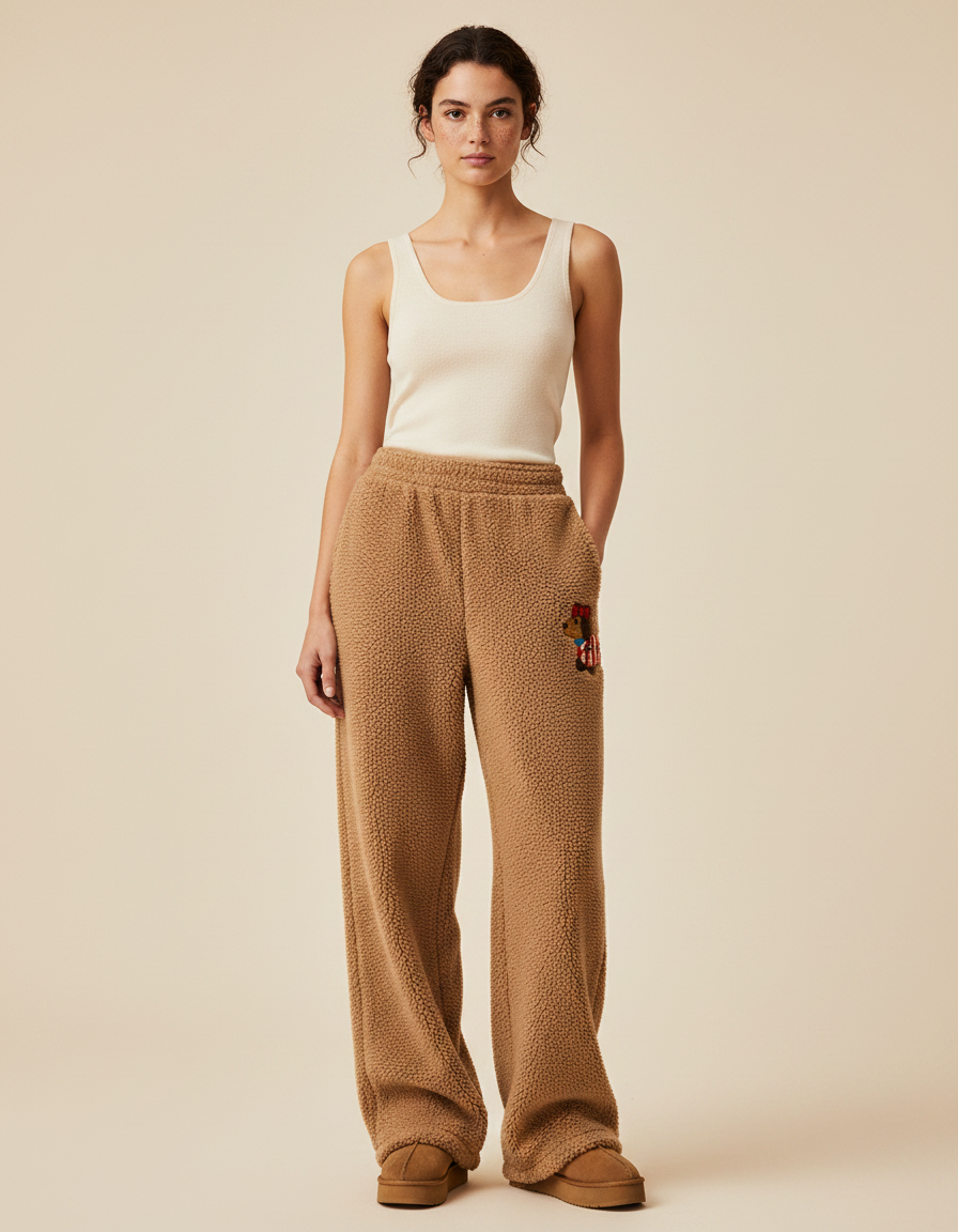 Pantalon Marron Peluche Ample Teddy Brodé Confortable - Molleton