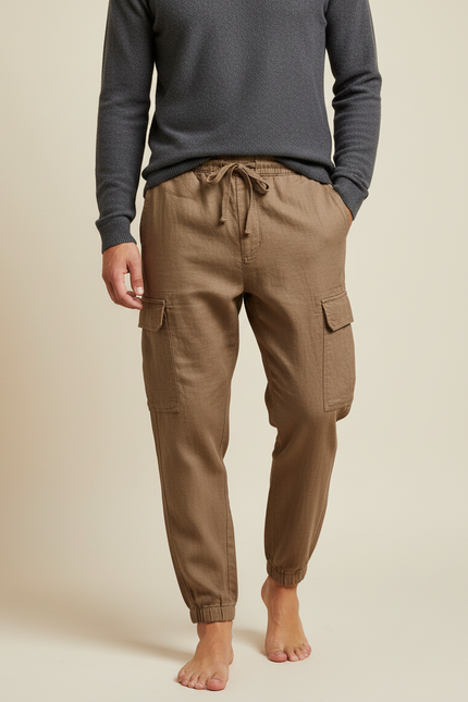 Pantalon Marron Homme Coton Lin Cargo Jogger Décontracté