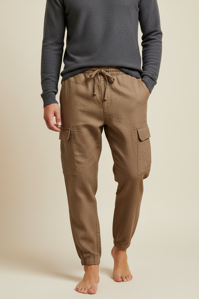 Pantalon Marron Homme Coton Lin Cargo Jogger Décontracté