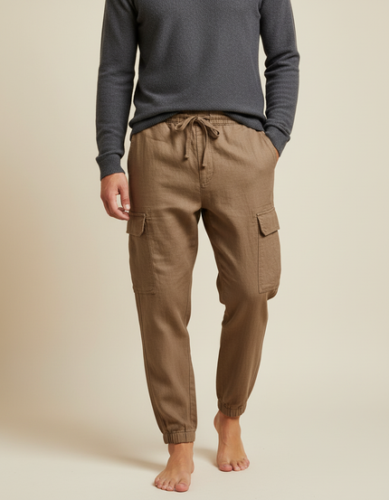 Pantalon Marron Homme Coton Lin Cargo Jogger Décontracté