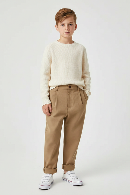 Pantalon Marron Garçon Décontracté Plissé Élégant - Laine
