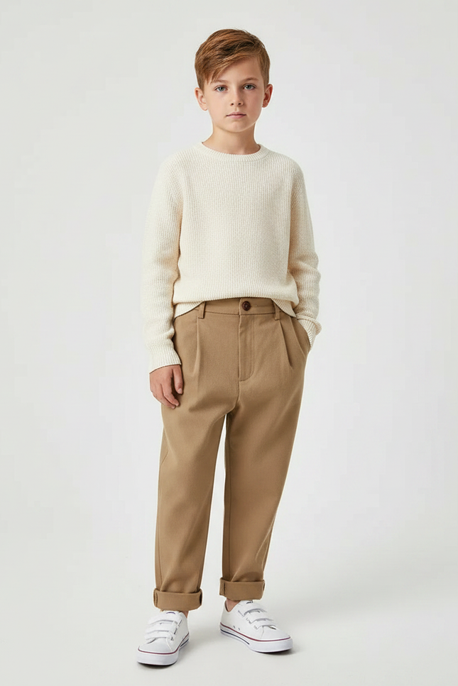 Pantalon Marron Garçon Décontracté Plissé Élégant - Laine