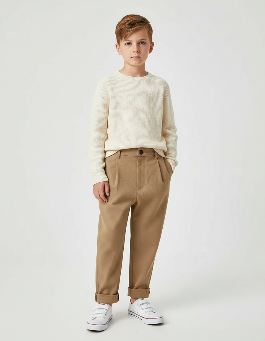 Pantalon Marron Garçon Décontracté Plissé Élégant - Laine