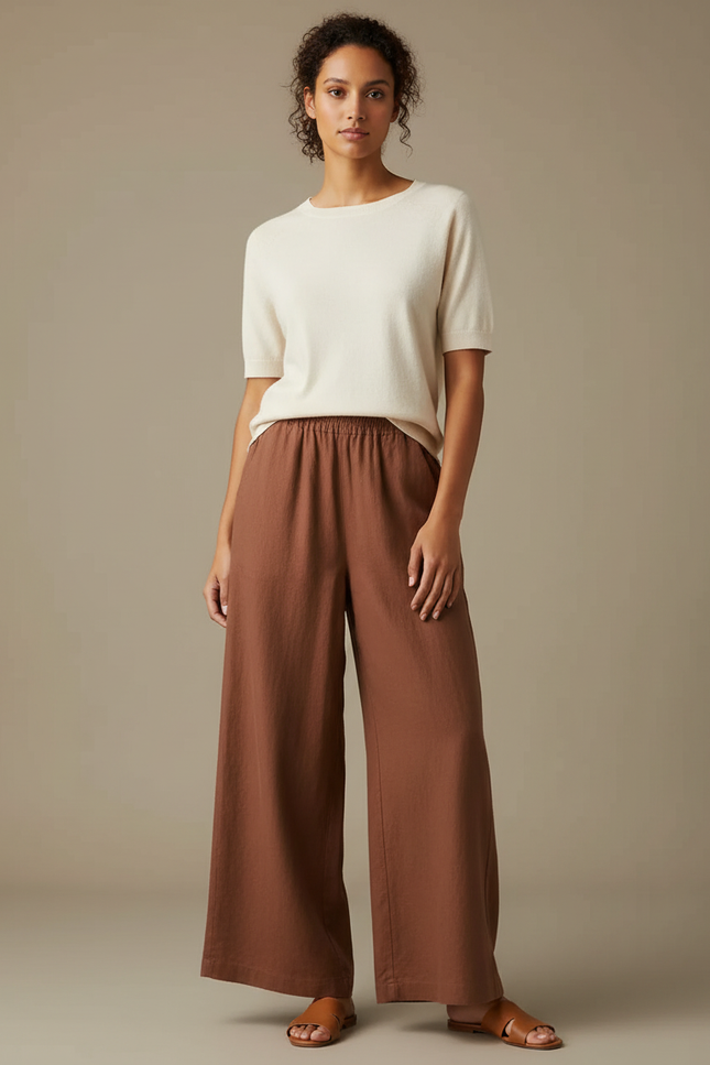 Pantalon Marron Ample Lin Coton Taille Élastique Fluide
