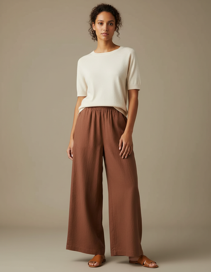 Pantalon Marron Ample Lin Coton Taille Élastique Fluide