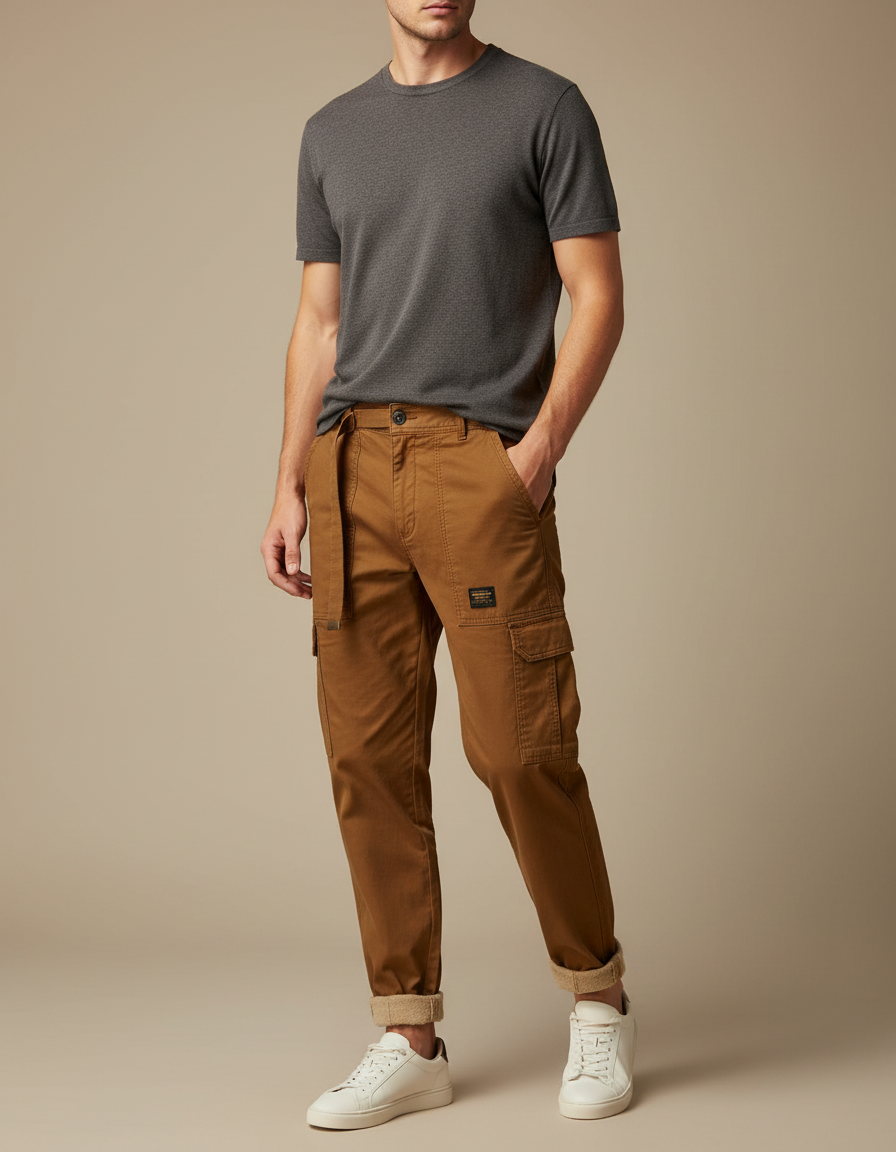 Pantalon Marron Cargo Molletonné Décontracté Homme