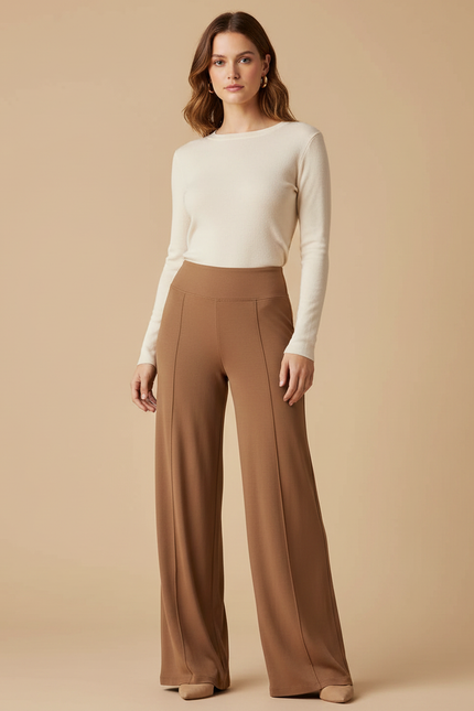 Pantalon Marron Droit Taille Haute Élastique Confortable - Maille
