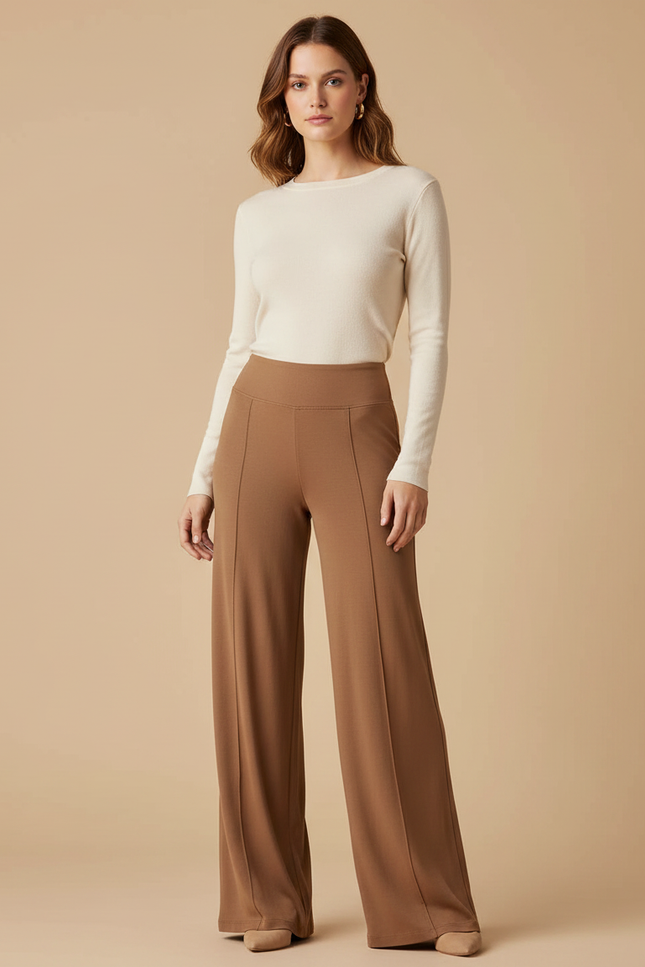 Pantalon Marron Droit Taille Haute Élastique Confortable - Maille