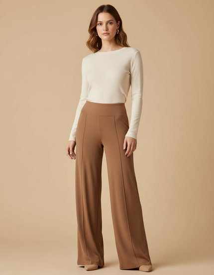 Pantalon Marron Droit Taille Haute Élastique Confortable - Maille