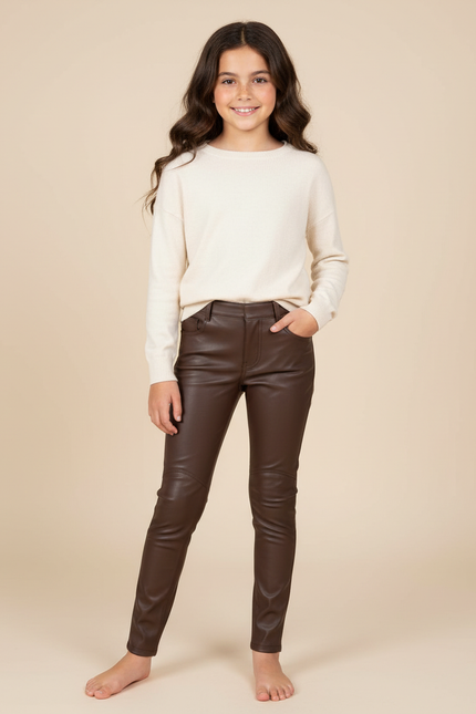Pantalon Marron Similicuir Slim Fille Élégant - Simili cuir