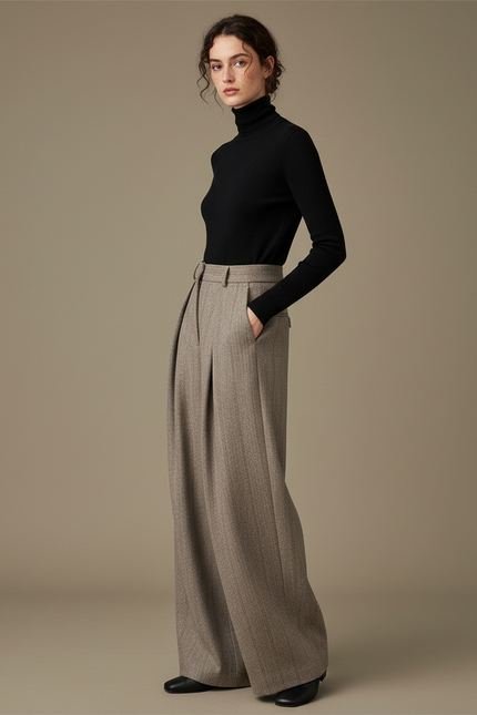Pantalon Marron Laine Chevron Plissé Ample Taille Haute - Tweed