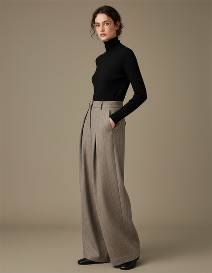 Pantalon Marron Laine Chevron Plissé Ample Taille Haute - Tweed