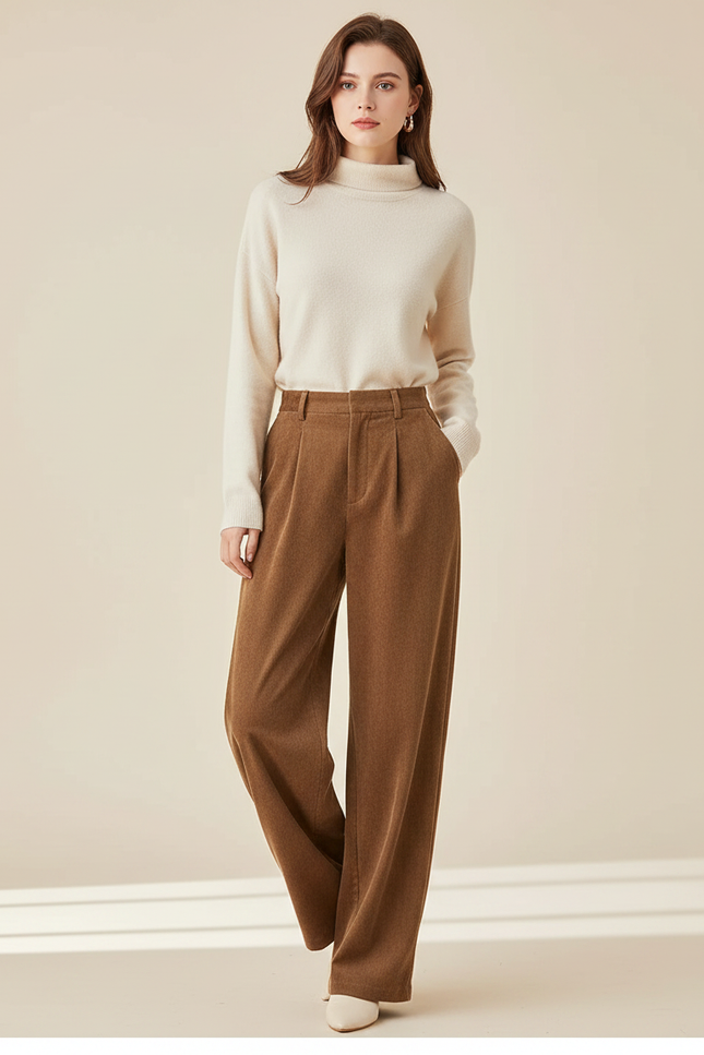 Pantalon Marron Ample Plissé Tissu Doux Femme - Laine