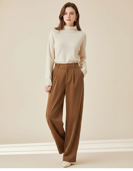 Pantalon Marron Ample Plissé Tissu Doux Femme - Laine