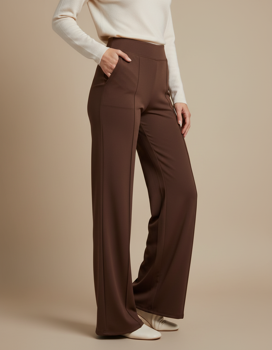 Pantalon Marron Taille Haute Jambe Droite Fluide Élégant - Polyester