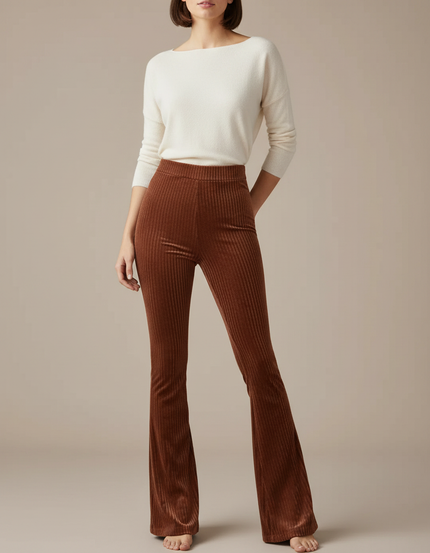 Pantalon Marron Côtelé Velours Évasé Taille Haute Femme - Cordé
