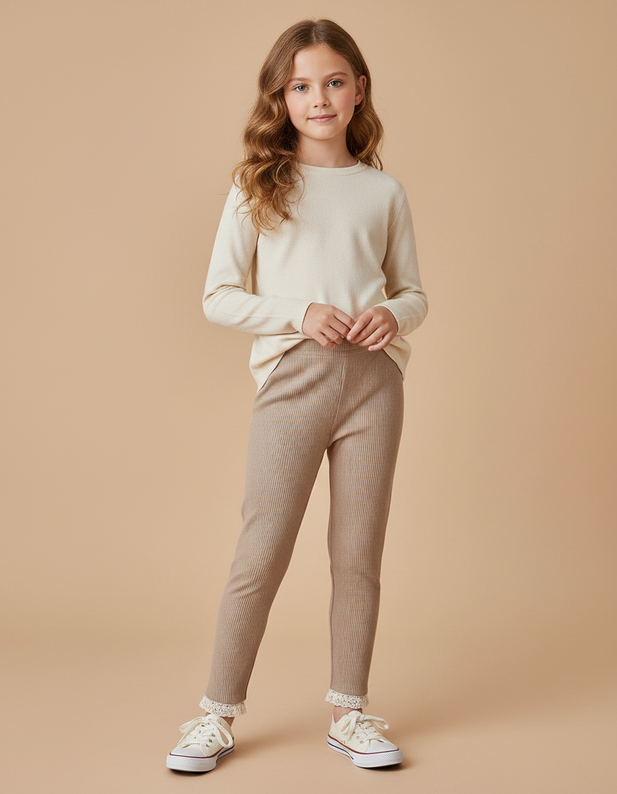 Pantalon Marron Côtelé Doux Enfant Décontracté - Beige Cordé