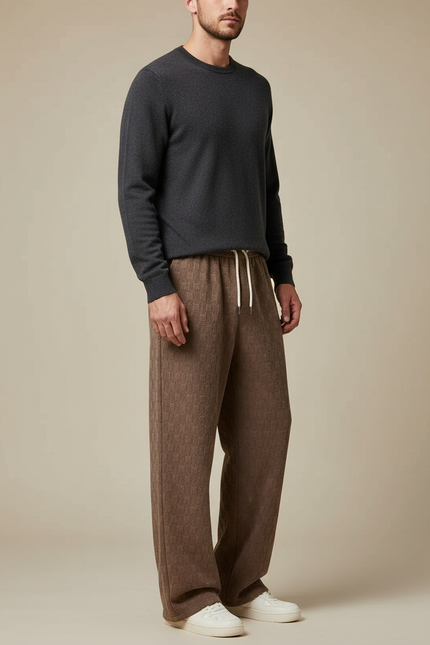 Pantalon Marron Carreaux Ample Décontracté Velours Côtelé Homme - Maille