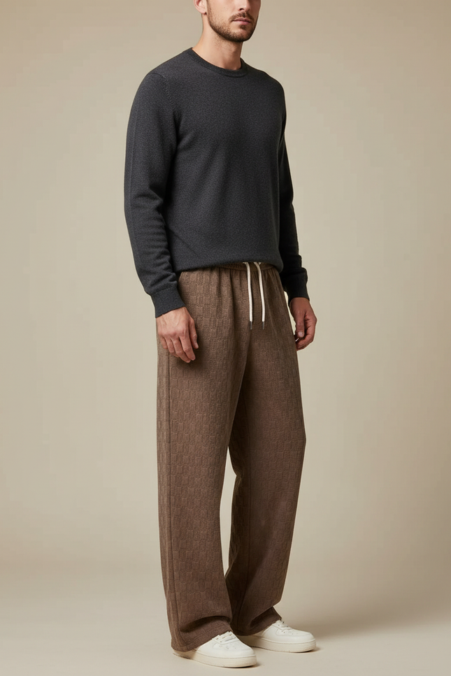 Pantalon Marron Carreaux Ample Décontracté Velours Côtelé Homme - Maille