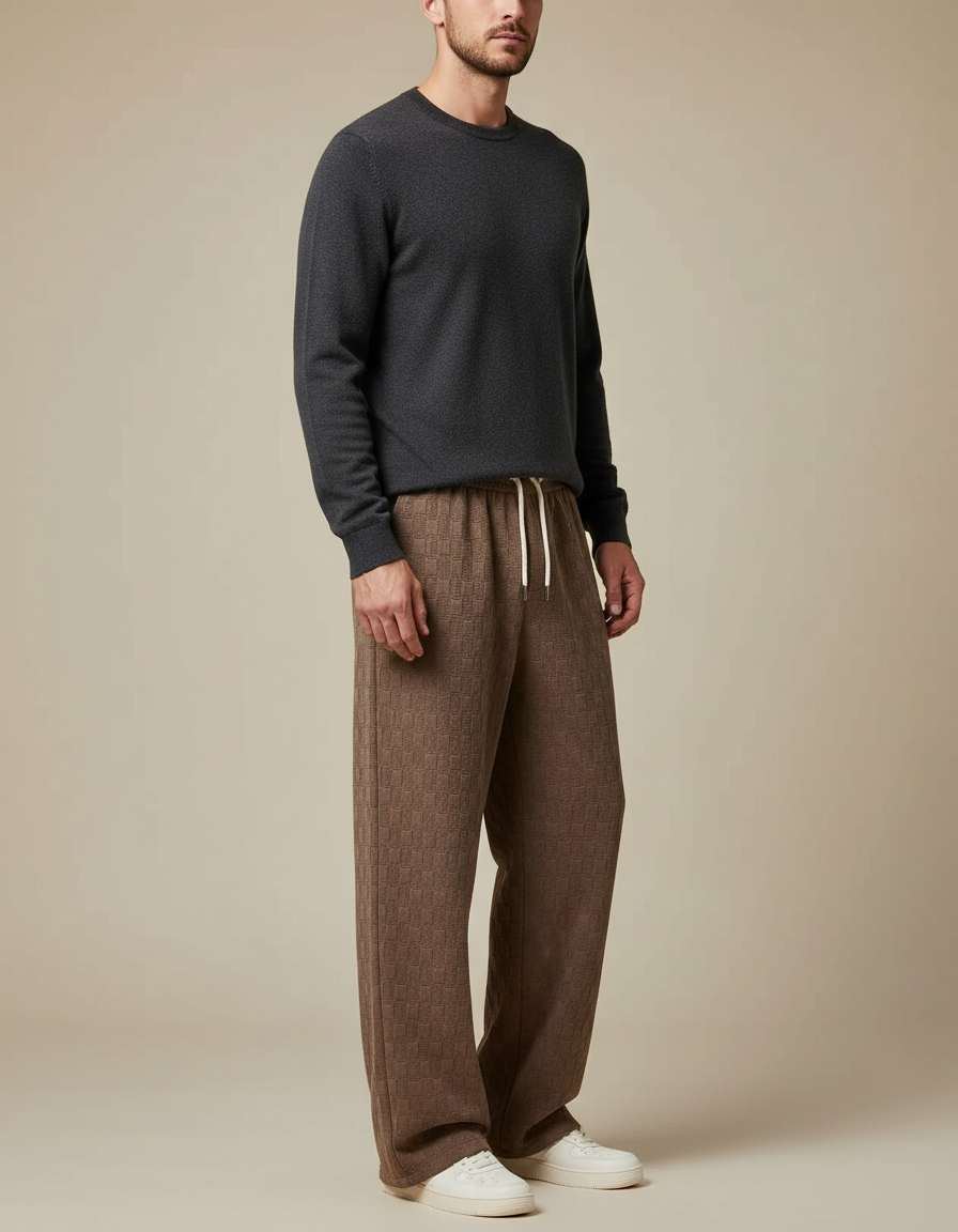 Pantalon Marron Carreaux Ample Décontracté Velours Côtelé Homme - Maille