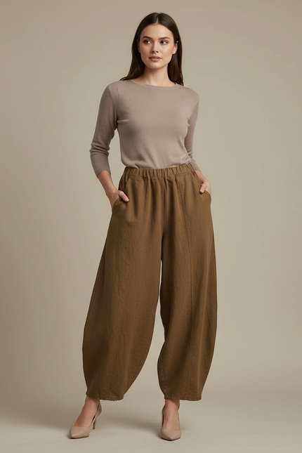 Pantalon Marron Ample Lin Coton Élastique Femme - Kaki