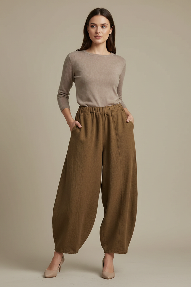 Pantalon Marron Ample Lin Coton Élastique Femme - Kaki