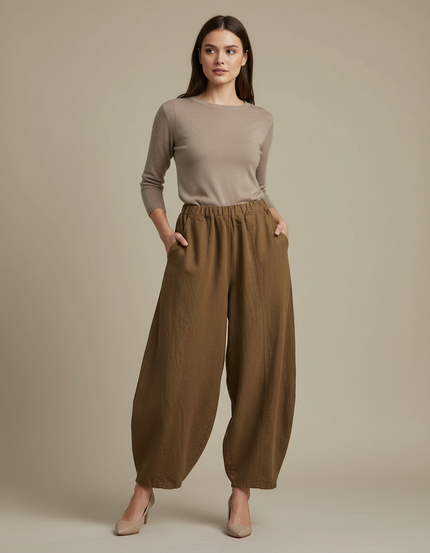 Pantalon Marron Ample Lin Coton Élastique Femme - Kaki