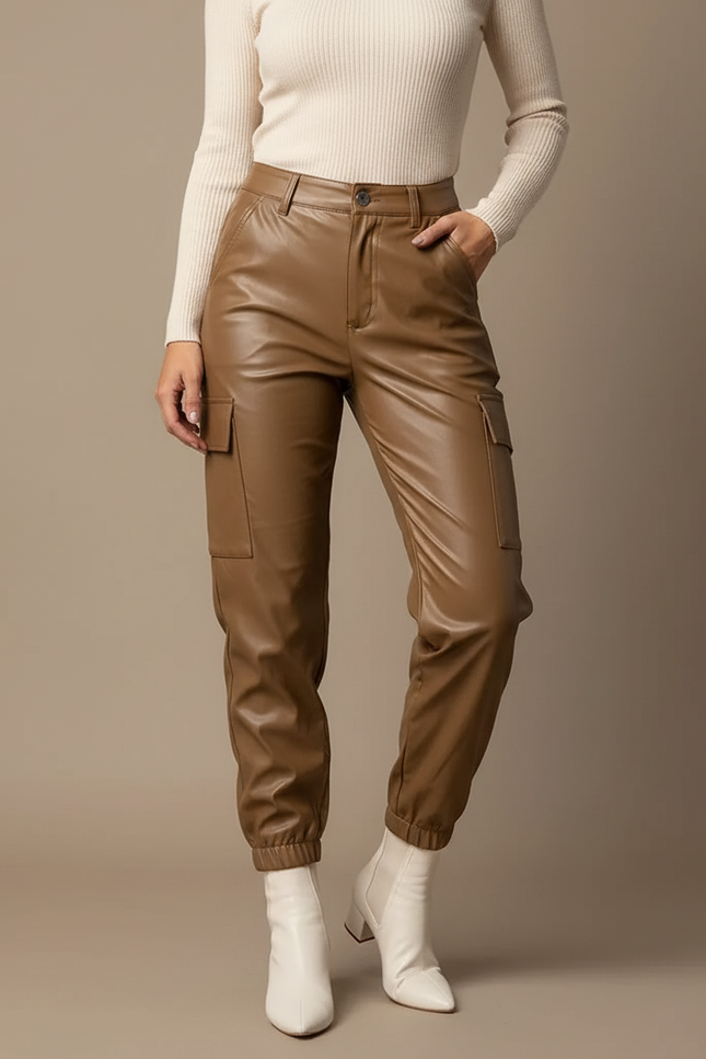 Pantalon Marron Cargo Similicuir Taille Haute Femme - Simili cuir