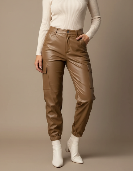 Pantalon Marron Cargo Similicuir Taille Haute Femme - Simili cuir