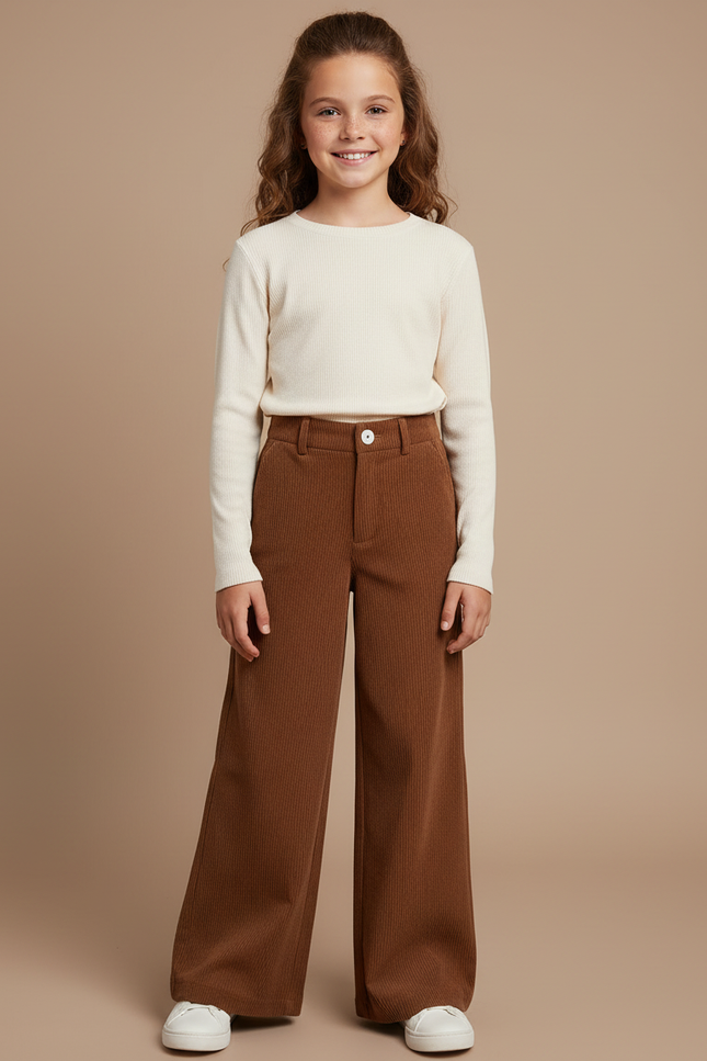 Pantalon Marron Côtelé Large Décontracté Fille - Cordé