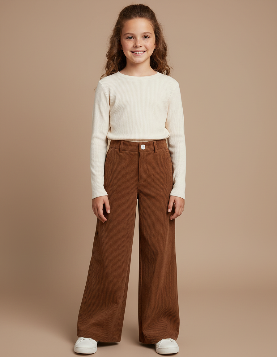 Pantalon Marron Côtelé Large Décontracté Fille - Cordé